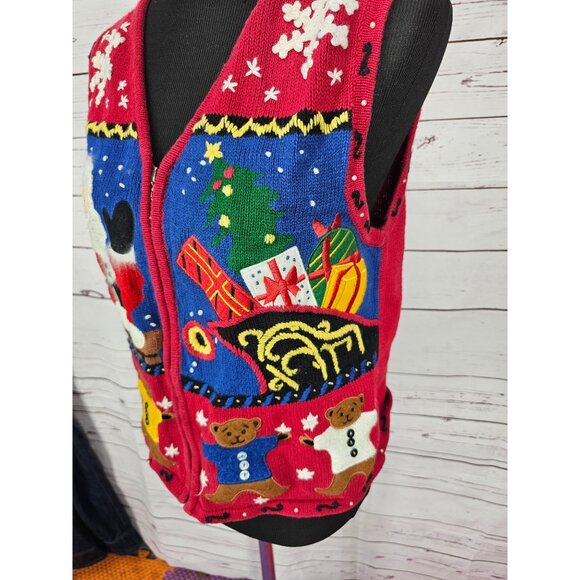 Vintage Christmas Vest Ugly Sweater‎ Santa & Bears Hampshire Studio M Red - Picture 7 of 11